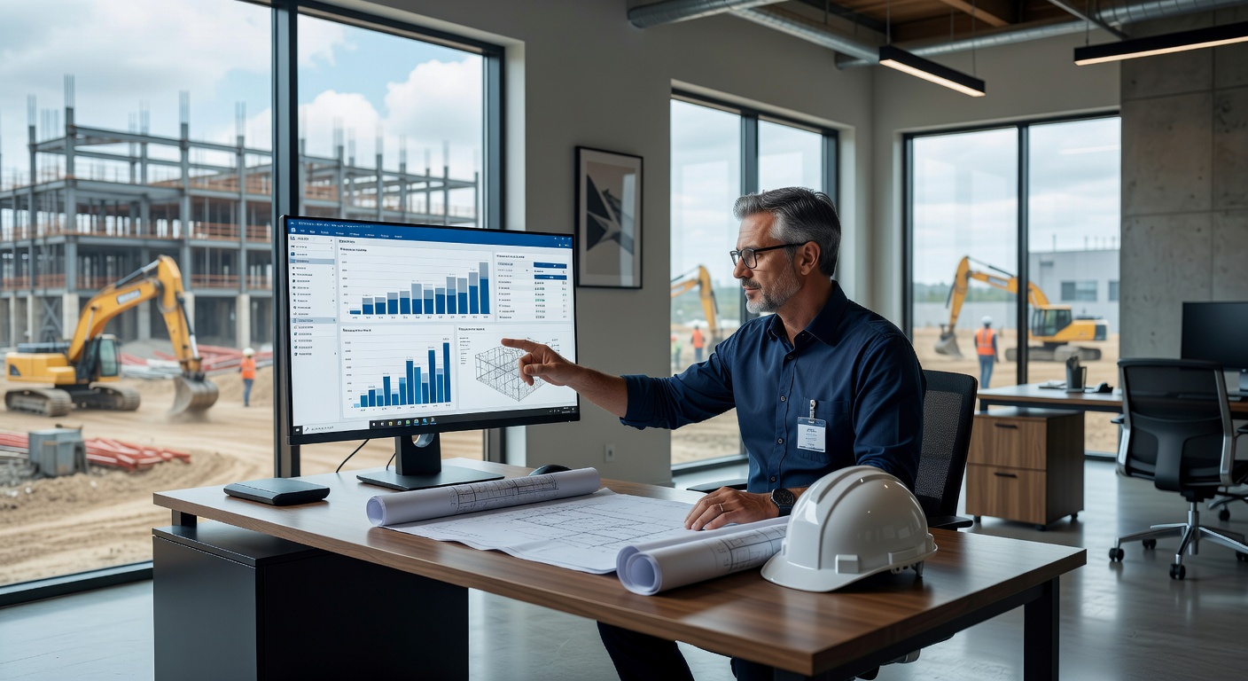 Professional construction estimator using SDSI Rapid Estimator software on a modern Windows desktop in a clean office environment