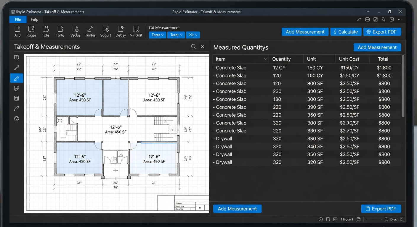Rapid Estimator main estimating workspace showing detailed construction line items, unit costs, and accurate project totals in a professional Windows desktop interface