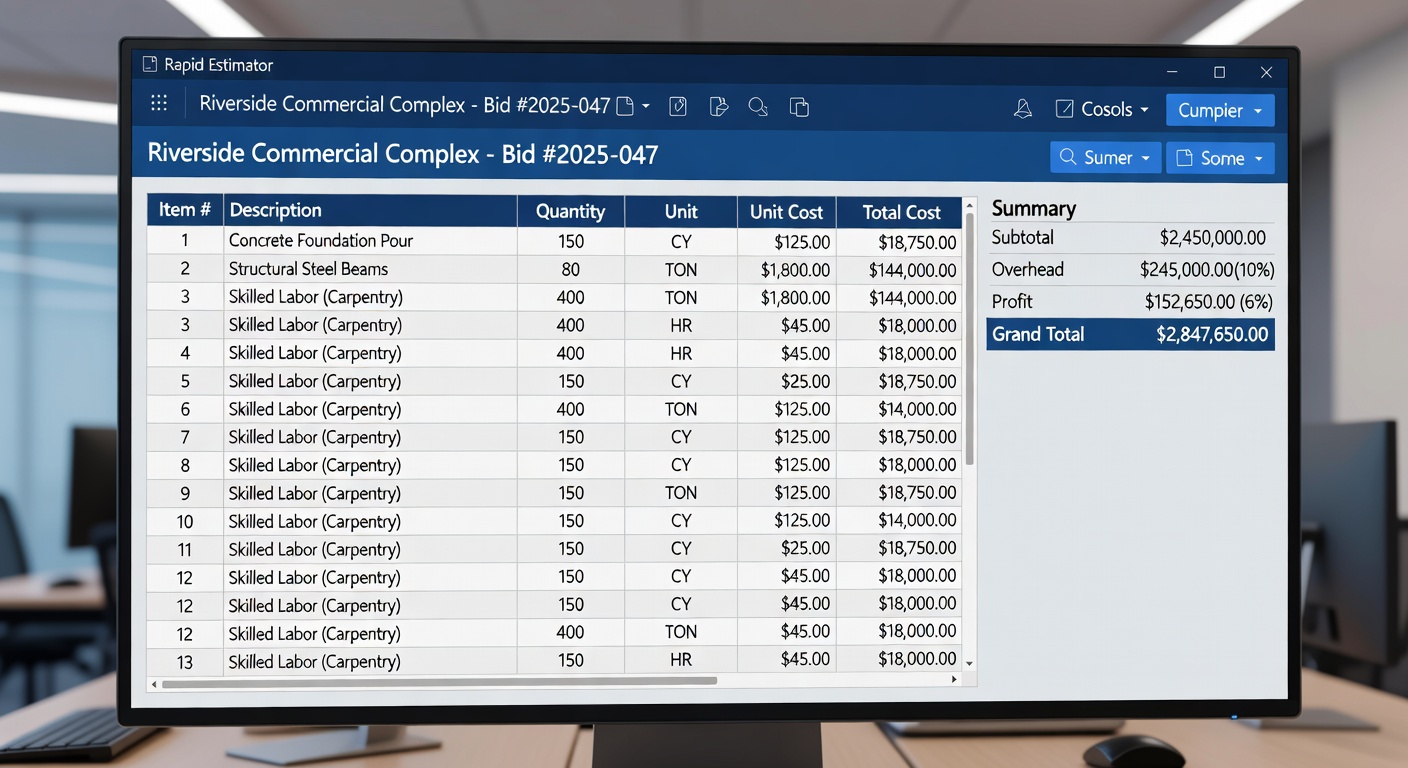Rapid Estimator digital takeoff and measurement module with interactive blueprint viewer and auto-populating quantity table